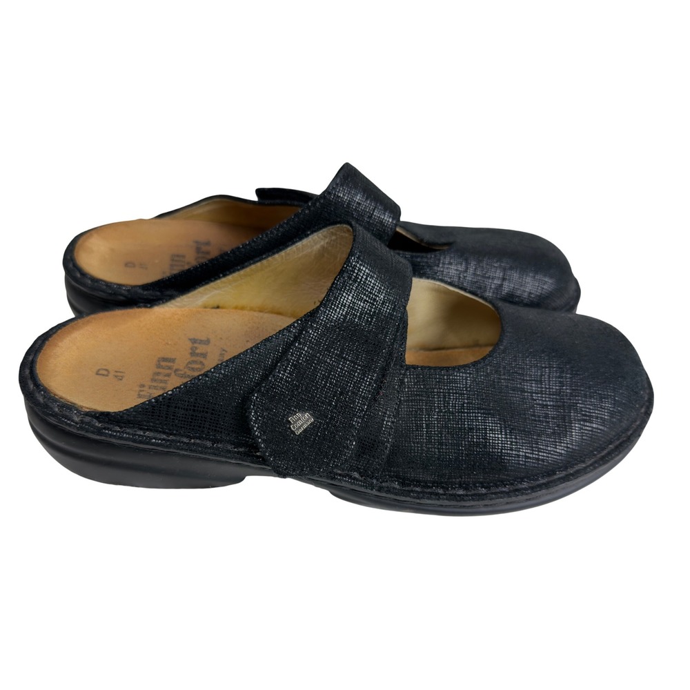 Finn Comfort Stanford Black Metallic Leather Clogs Mules Womens Size 41 D/US 10